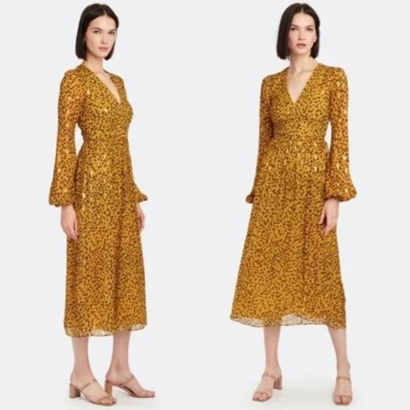 NWOT Saloni Silk Camille Gold Spot Jacquard Metallic Midi Dress 4 - Picture 1 of 9